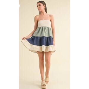 Klesis Mini Dress‎ Women L Linen Blend Colorblock Lined Tiered Smocking NWT $52
